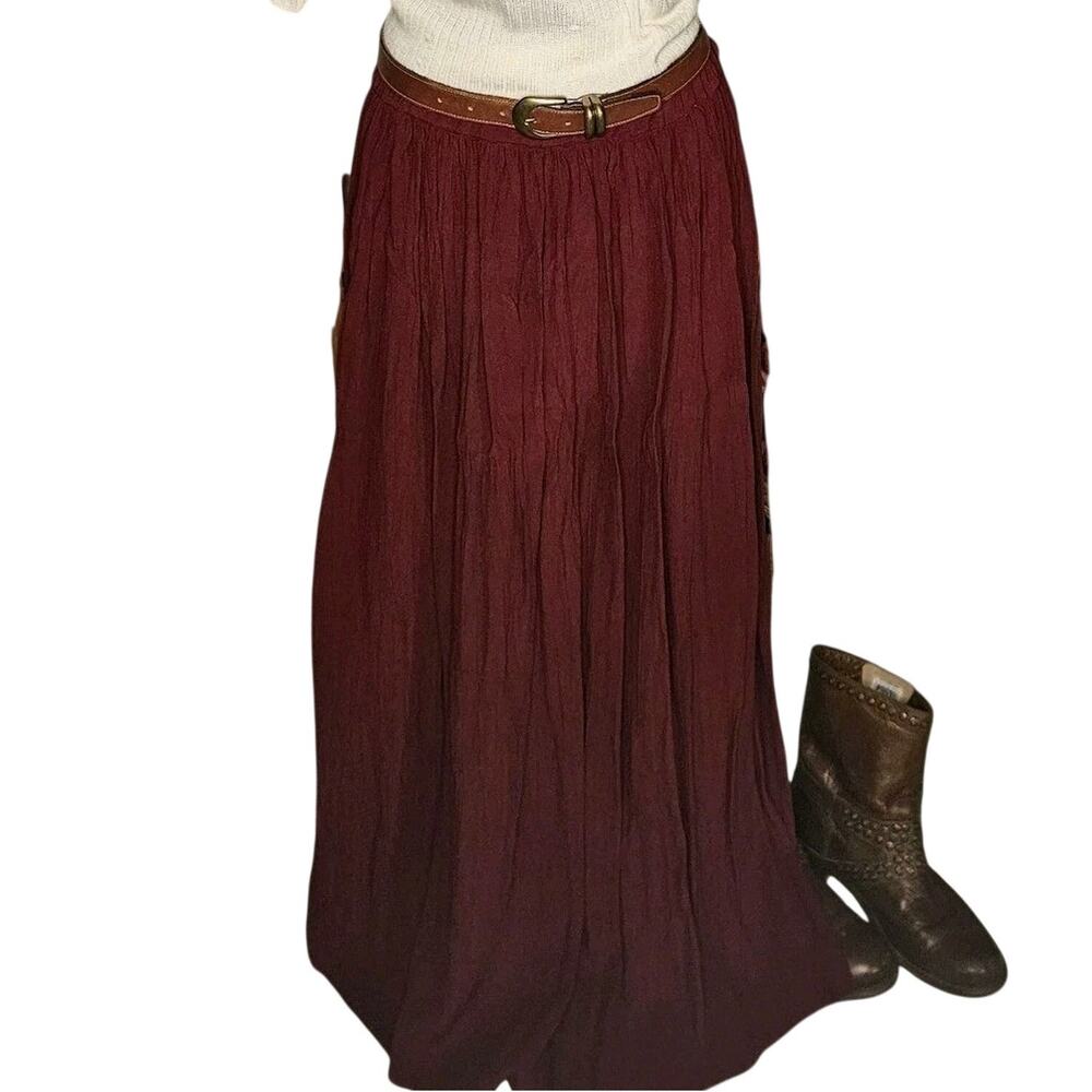 Boho Chic Witchy Vtg Burgundy Crinkle Skirt M 90s Maxi Western Goth Cottagecore